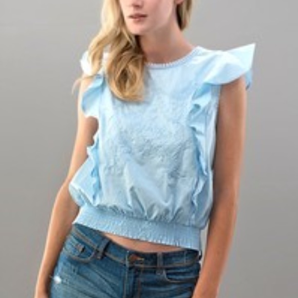 Light Blue smocked embroidered sleeveless top - Picture 3 of 4